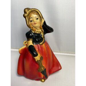 4” Girl Figurine Solid Ceramic Red, Black, Gold Dress and Bonnet Vintage